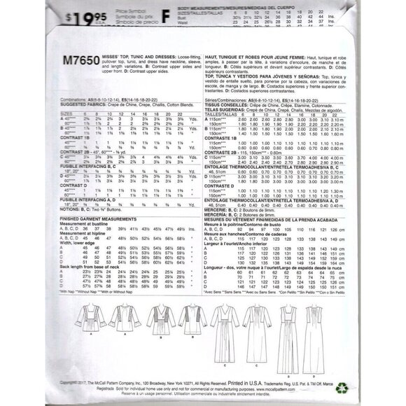 McCall's M7650 Misses 14 to 22 Top, Tunic and Boho Dress Uncut Sewing Pattern - Picture 2 of 2